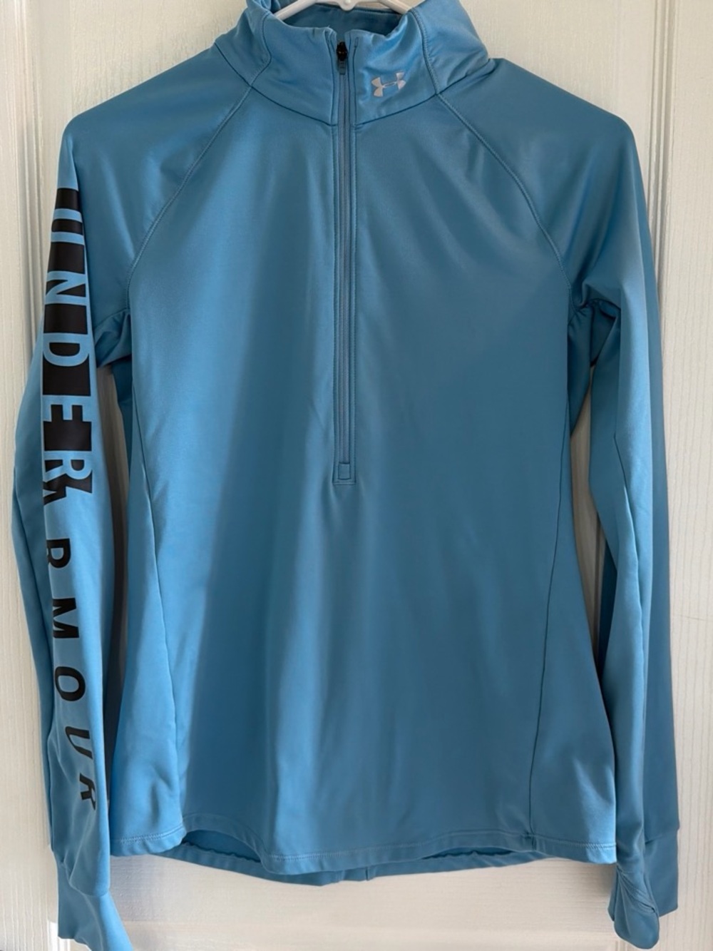 Under Armour Women's Sky Blue Long-Sleeve Workout Fleece with Logo Sleeve